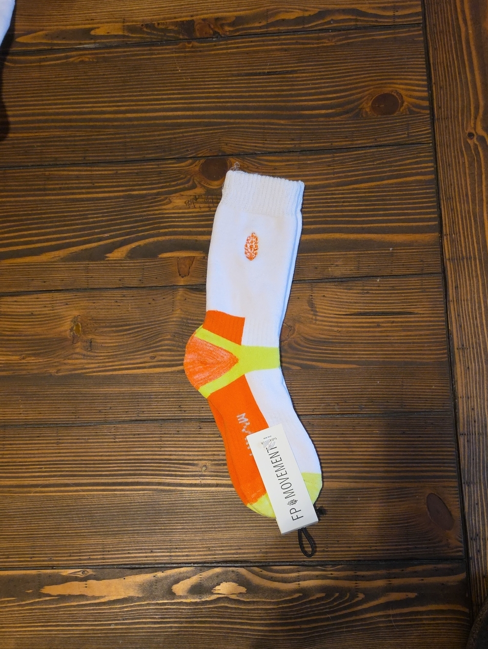 Free People Movement White Crew Socks with Orange & Neon Yellow Accents